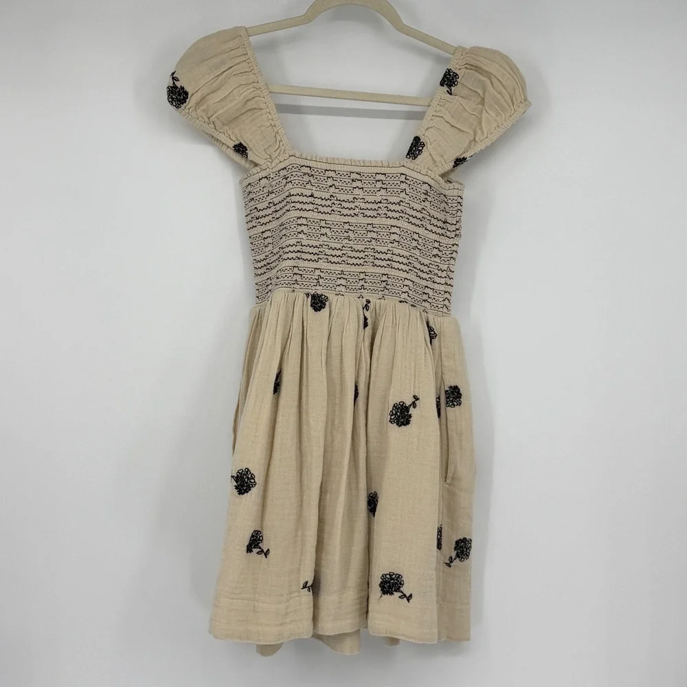 Free People Tory Embroidered Mini Dress XS Tea Combo Smocked Puff Sleeve